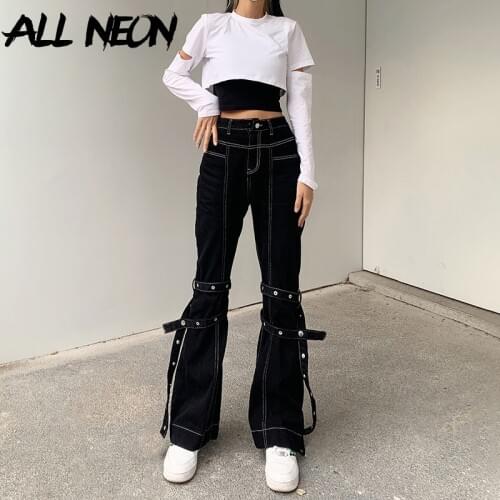 ALLNeon Vintage Y2K Streetwear Bandage Flare Pants Punk Aesthetics High Waist Denim Black Jeans 90s Fashion Long Trousers 2021