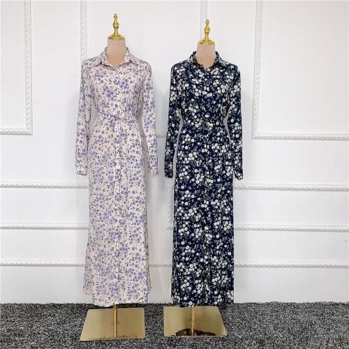 Abaya Muslim Women Long Dress Single Breast Shirt Dress Casual Arab Jilbab Floral Printed Long Sleeve Maxi Robe Ramadan Fashion