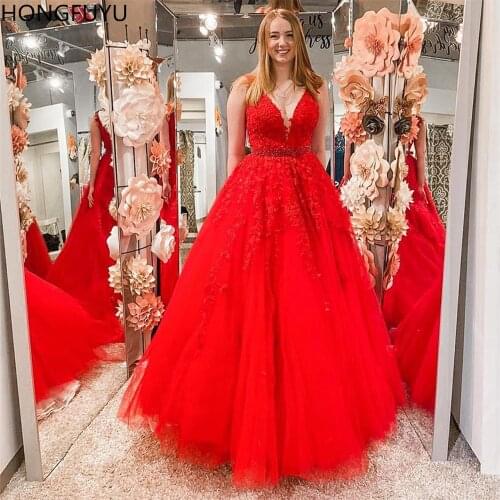 HONGFUYU Elegant V-Neck Ball Gown Prom Dresses Red Tulle Evening Formal Gowns Zipper Back Appliques Lace Long Robe De Soiree