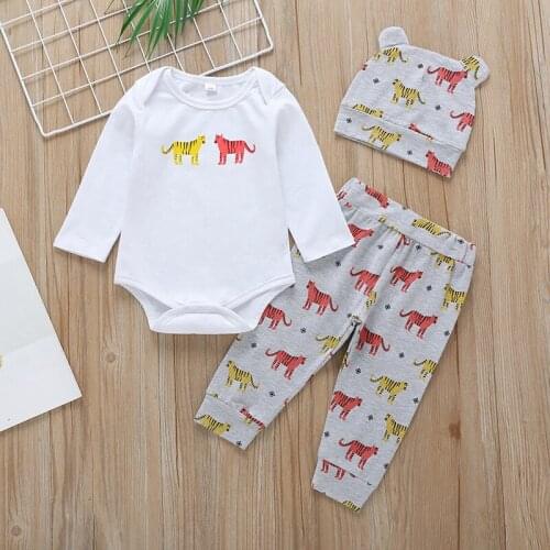 Infant Baby Boy Clothing Set 2019 Fashion Animal Tops Romper+Tiger Printed Pants+Hat 3 Pieces Baby Girl Clothing Pajamas Sets