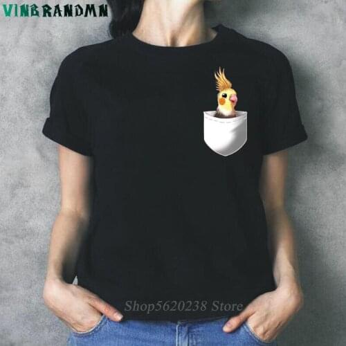 Creative Pocket Design Womens T-Shirt Novelty Cockatiel Parrot Printed T Shirt Summer Short Sleeve Cotton Cartoon Animals T shi