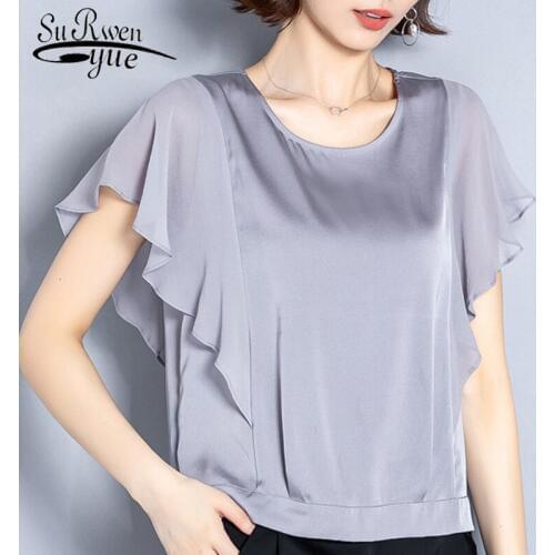 Summer short sleeve womens blouse 2021 plus size blouse women shirt o-neck solid chiffon blouse womens tops and blouses 4893 50