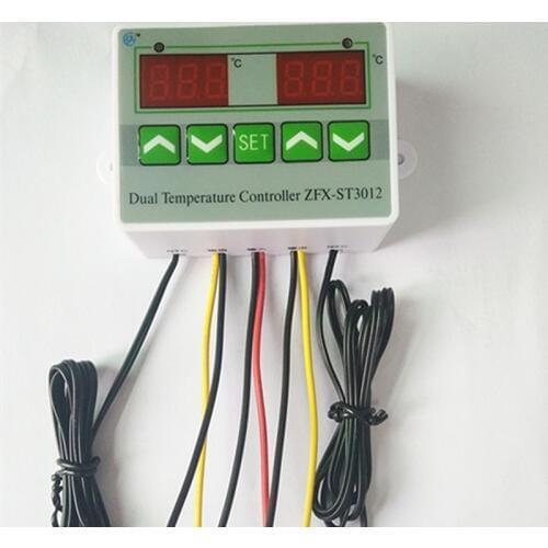 Microcomputer Intelligent Dual LED Dispplay Thermostat Controller 220V 12V 24V Dual Temperature Control Switch With 2pcs Probe