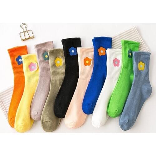 Trendy womens socks cartoon embroidery floret double needle pile socks candy color tube socks happy funny socks