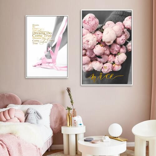 Pink Flower Peony Fashion Poster Ballet Girl Wall Art Canvas Print Painting Nordic Living Room Bedroom Decorative Pictures
