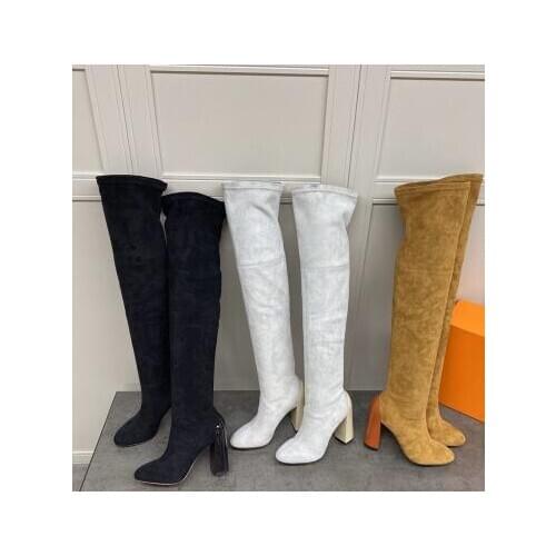 Moraima Snc Round Toe High Heel Woman Boots Autumn Stretch Fabric Thick Heels Thigh High Boots Over the knee Shoes