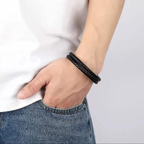 SAINT JAMES Genuine Ieather Mens Bracelet / Stainless steel / Mens bracelet / Iuxury / Woven leather Magnet Bracelet Jewelry