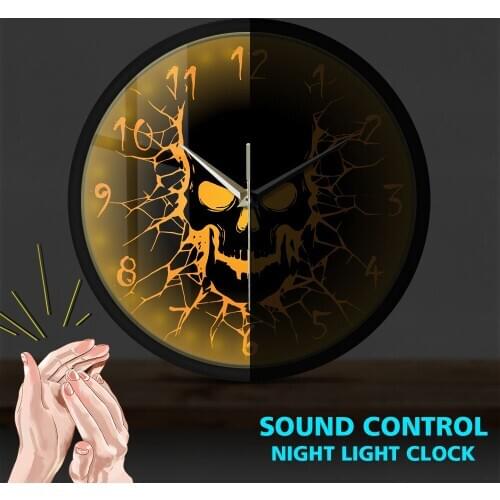 Skull with Crack Hole Horror Wall Clock with LED illumination Gothic Birth of a Demon Sound Activated Watch Halloween Night Lamp