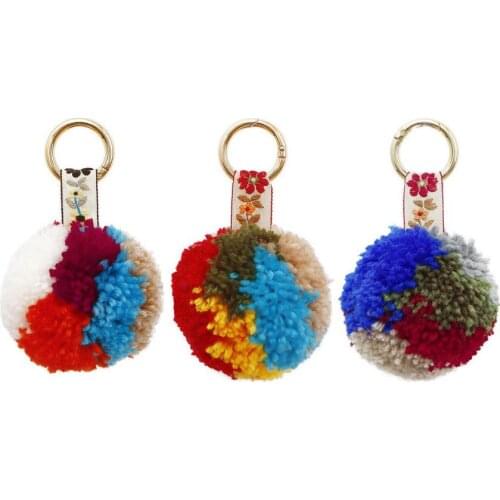 New Multicolor Soft Woolen Yarn Pom Pom Puff Ball Keychain Handbag Tote Bag Gold Color Key Ring Pendent Charm Jewelry Accessory