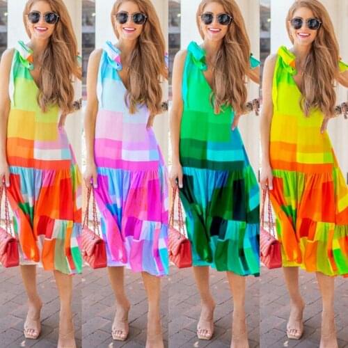 Summer Fashion New V-neck Bohemian Swing Print Dress Sleeveless Mid-calf Dress