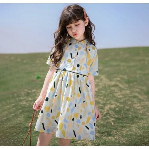 Girls' Dress Childrens Skirt 2021 Summer New Big Childrens Princess Dress Loose Short Sleeve Floral Dress Peter Pan Collar