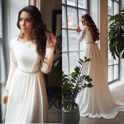 Simple Chiffon White Ivory Wedding Dress Sexy V-Back Lace Long Sleeve Wedding Dress court train Bridal Gowns