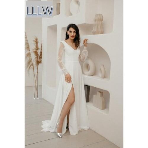 Simple Ivory Chiffon Lace Long Sleeves V-Neck Floor-Length Beach Wedding Dresses Custom Made Split Skirt Bridal Gowns