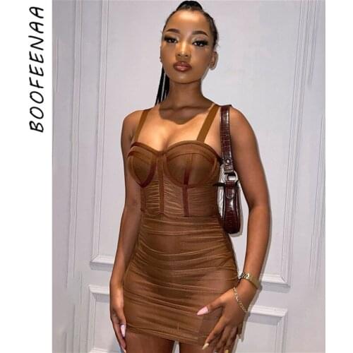 BOOFEENAA See Through Mesh Ruched Bodycon Dresses for Women Party Night Out Clubwear Corset Top Mini Dresss Brown C85-CD13