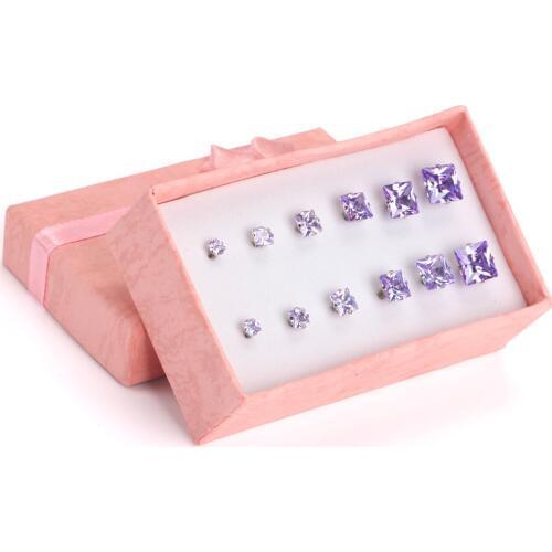 LUXUKISSKIDS Stainless Steel Zircon Stud Earrings Set 3-8mm 6 Pairs/box Christmas Crystal Earrings Square Earing pendientes