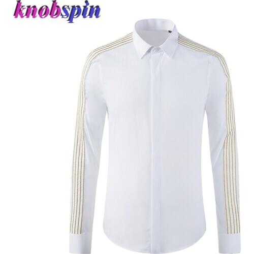 Gold-Line Embroidery Shirt Men Trendy Business male Clothing Mens Shirts Long sleeve Slim Cotton Shirts for men Plus size