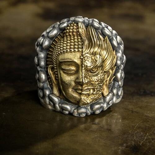 Solid 999 Sterling Silver MENS MEN artisan handmade devil & Buddha punk biker Ring Jewelry A5654