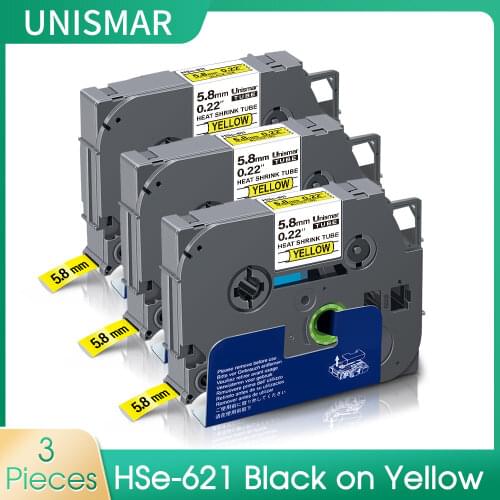 Unismar 3PK HSe-611 HSe611 for Brother Heat Shrink Tube Label HSe HS 611 5.8mm White Yellow Label Printer Cable Identification