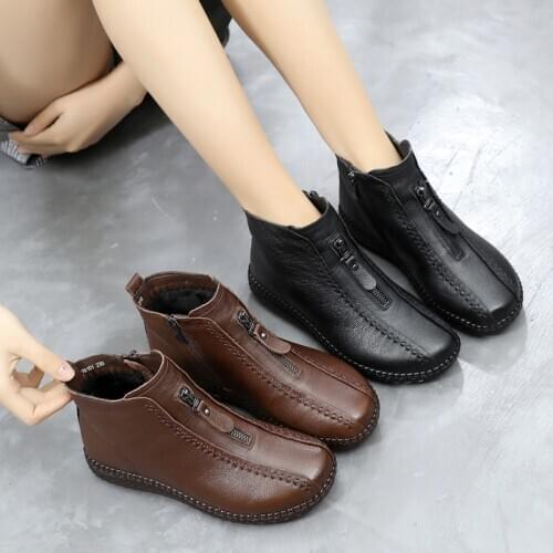AARDIMI Winter Casual Ankle Women Boots For Ladies Genuine Leather Short Plush Boot Shoes Woman Warm Zipper Non-slip Footwear