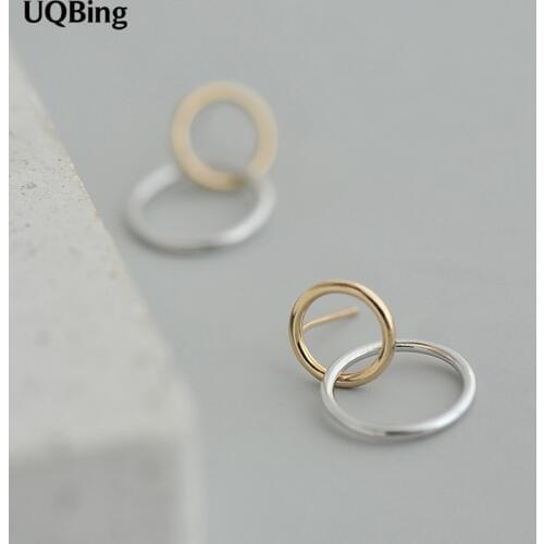 925 Sterling Silver Double Circle Round Gold Silver Stud Earrings For Women Jewelry Free Shipping Brincos