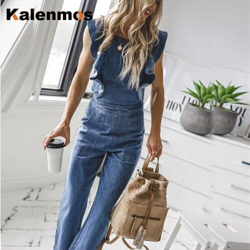 KALENMOS Blue Denim Overalls Rompers Jumpsuit Women Ruffles Backless Summer 2020 Bodysuit Work Leisure Pants Jeans Streetwear
