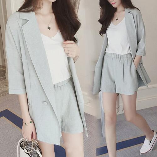 2 piece set women fashion casual cotton and linen small suit suit female temperament wide leg shorts two-piece summer dress new