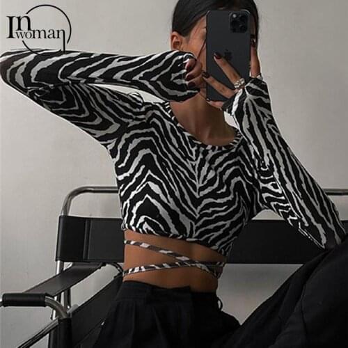 INWOMEN New Autumn Sexy Print Crop Top Women 2021 Black O Neck Long Sleeve Tops Female Bandage Clubwear Fashion Short T Shirts