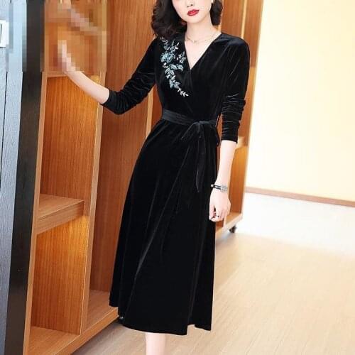 Spring Autumn Luxury Velvet V Neck Office Lady Elegant Dress Fashion Calf-length Dresses Casual High Waist Black Vestidos Y990