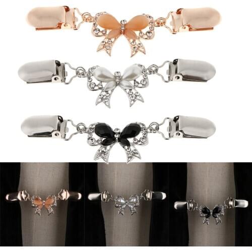 3x Glitter Rhinestone Sweater Guards Bowknot Cardigan Shawl Collar Chain Pin