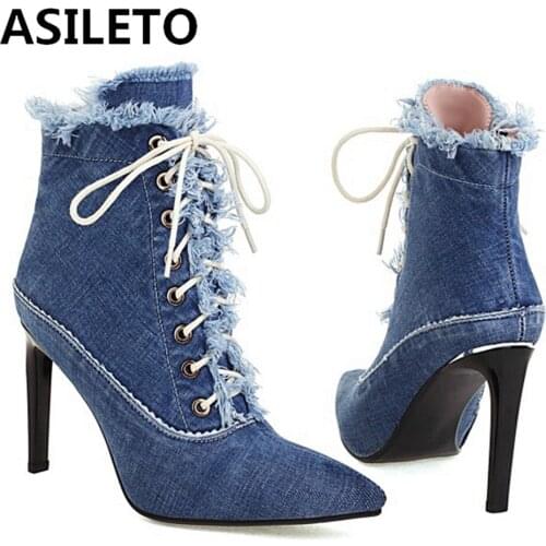 ASILETO 2021 New Autumn Design Denim Ankle Boots Pointed Toe Stiletto High Heel Lace Up Zip Fur inside Big Size 33-45 S2477