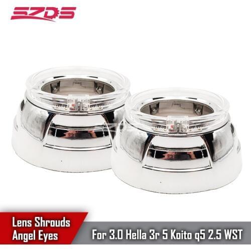 Car Styling LED Running Angel Eyes Bi Xenon Projector Lens Silver Shrouds For Koito q5 Hella 3r 5 WST DIY Retrofit Hood Mask