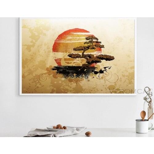 Asian Japanese Bonsai Tree Art Canvas Poster Wall Art Retro Canvas Print Painting for Living Room Home Wall Decor (No Frame)