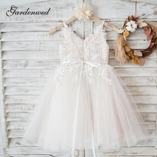 White Lace Flower Girl Dresses Vneck Sash Tulle Pageant First Communion Dresses Prom Ball Gown Princess Baby Girl Party Dresses