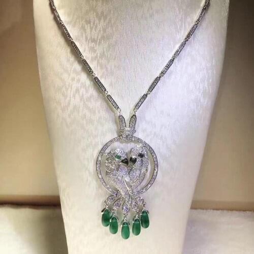 Brand Pure 925 Sterling Silver Jewelry For Women Green Chalcedony Twin Parrot Lovesick Pendant Praty Wedding Jewelry