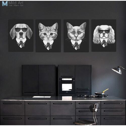Black and White Fashion Mafia Hipster Animals Dog Cat Posters Prints Vintage Nordic Wall Art Pictures Home Decor Canvas Painting