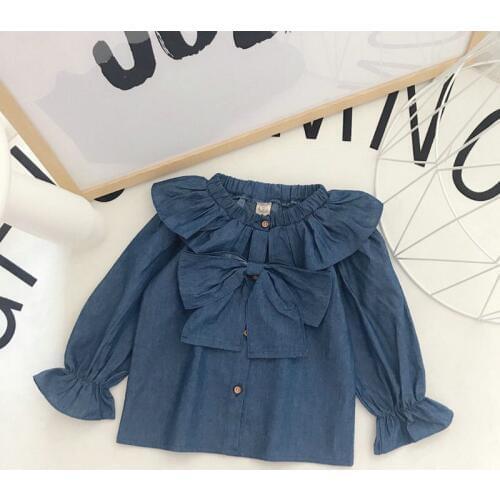 DFXD Baby Girls 2018 Clothes Spring Denim Blue Long Sleeve Big Bowknot Kids Blouse Korean Clothes Fashion Girls Shirt 2-8Years