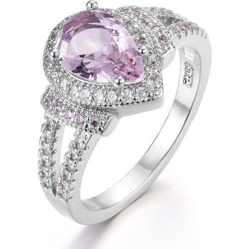 Hainon Luxury Charm Big Water Drop Pink Cubic Zircon Wedding Ring for Woman Elegant Silver Color Party Finger Jewelry Girl Gift