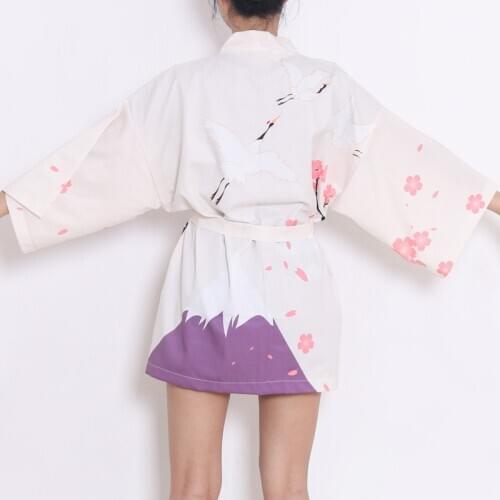 Japanese Style Kimono Cherry Crane Print Women Cardigan Casual Shirt Yukata Girls Haori Kimono Samurai Traditional Asian Clothes
