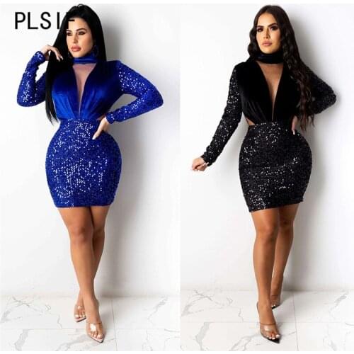 New Style Women Sequin Dress Long Sleeve Solid Color Sexy Fall Short Dress Female Party Club Wear