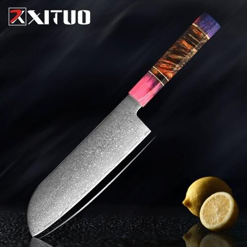 XITUO 7'' Santoku Knife Japanese Damascus Pattern Stainless Steel Cleaver Meat Slicing Knife Vegetables Stablized Wood Handle
