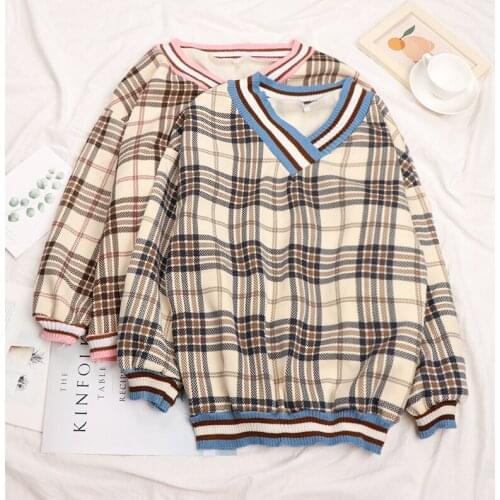 Autumn Plaid Sweaters Women Knitted Pullovers Casual Plush Sweaters Ladies Oversized Jumper Long Sleeve Tops Sueters De Mujer
