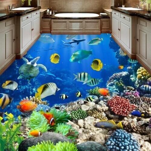 Customized floor 3d beautiful underwater world tropical sanitary bathroom self-adhesive 3D floor living room bedroom mall floor