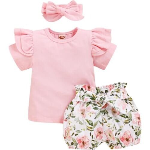 0-24M Newborn Baby Girl Floral Outfit Short Sleeve Cotton Top T-Shirt Floral Shorts Headwear 3Pcs Baby Clothes Set