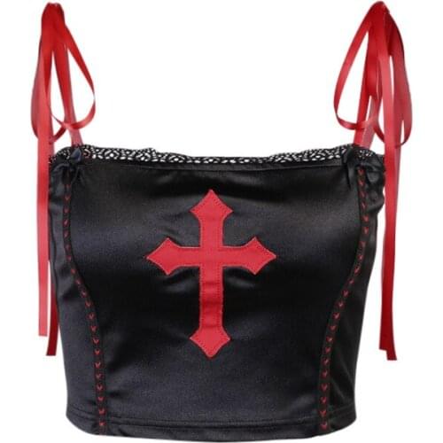 Ruibbit Gothic Cross Print Black Camis Grunge Harajuku Lace Up Corset Tops Punk Streetwear Backless Summer Crop Tops Summer