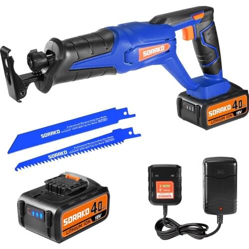 Saber Saw SORAKO 18V Cordless Reciprocating Saw 4.0 Battery Electric Saw 2 Blades and Variable Speed for Cutting Wood and Metal