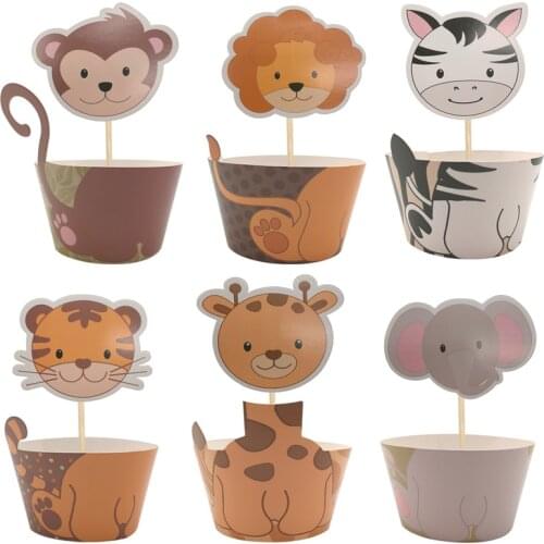 6set Jungle Safari Wild One Happy Birthday Zoo Animals Paper Cupcake Topper Baby Shower 1st Birthday Party Decoration Supplies