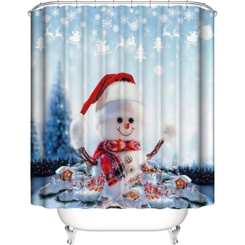 Merry Christmas Curtain Happy Snowman Polyester Fabric Waterproof Shower Curtain