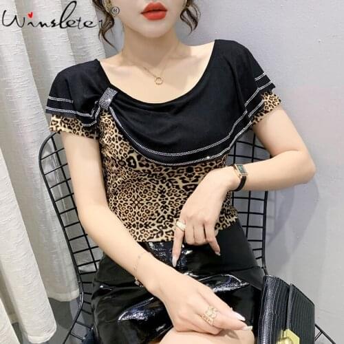 Summer European Clothes T-Shirt Sexy Leopard Ruffles Shiny Diamonds Women Tops Short Sleeve All Match Slim Tees New 2021 T14303A