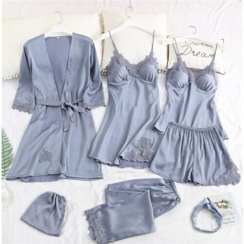 Ice Silk Pajamas Women Spring and Autumn New Korean Seven-piece Suit Chest Pad Hanging Skirt Nightgown Comfortable Home Service