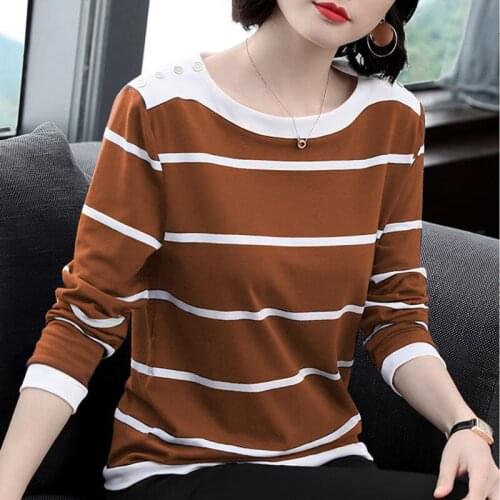 Woman Tshirts /No Long Sleeve T-shirt Womens Autumn and Winter Striped Large Size Loose Top Wear Ropa Mujer Camisetas